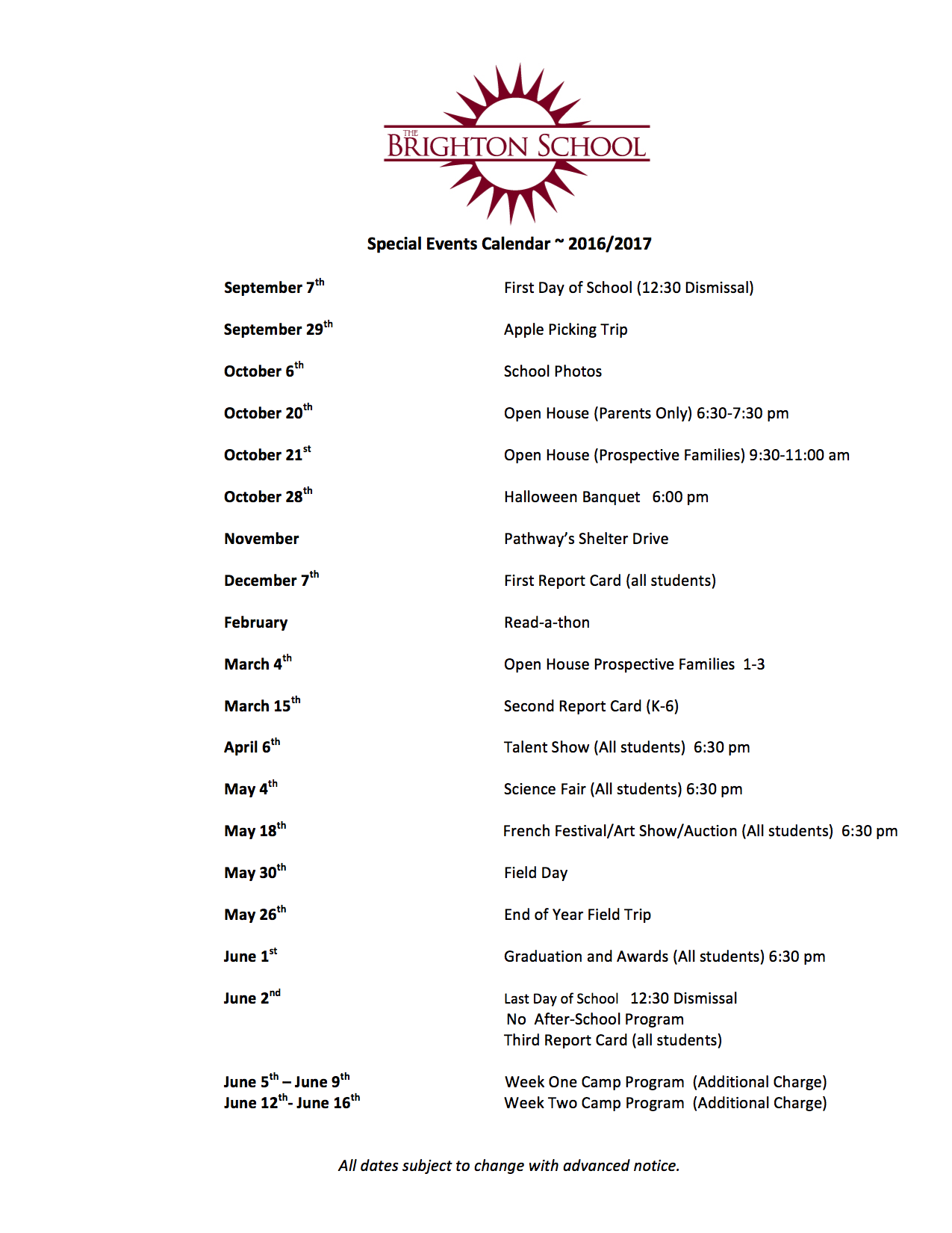 Brighton School Special Events Calendar