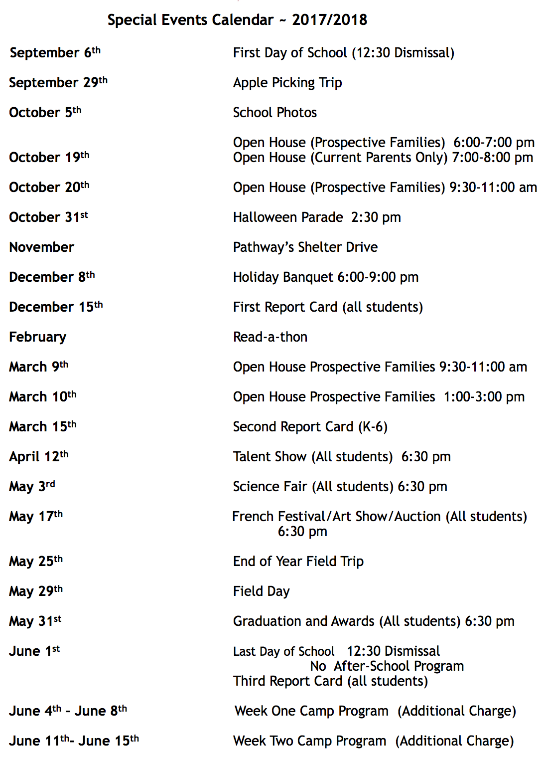 Brighton School Special Events Calendar
